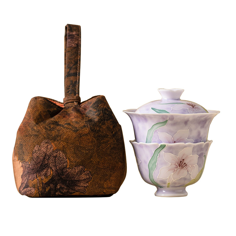 手绘堆雕紫百合旅行茶具一人饮户外泡茶套装陶瓷盖碗便携式快客杯|undefined