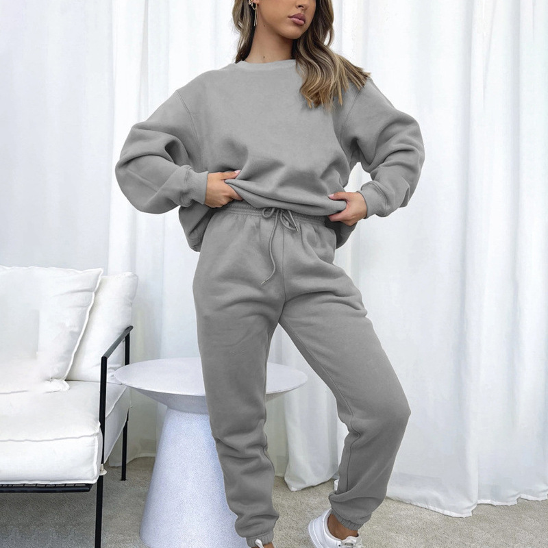2025 Amazon European and American Women's Solid Color Round Neck Pullover Long Pants Fashion Casual Long Sleeve Sweatshirt Women's Outfit Set