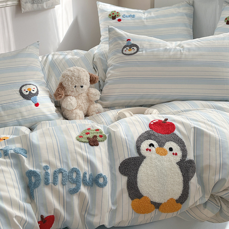 Small fresh penguin towel embroidery bed four-piece cotton cotton children's bedding dormitory quilt cover sheets three-piece set