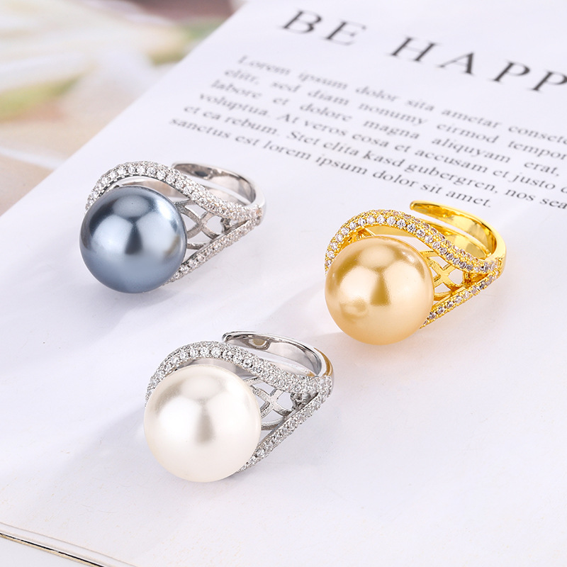 2024 nuevo estilo Zhuang Shengsheng joyería cobre chapado en platino perla retro mujer anillo abierto 14mm al por mayor