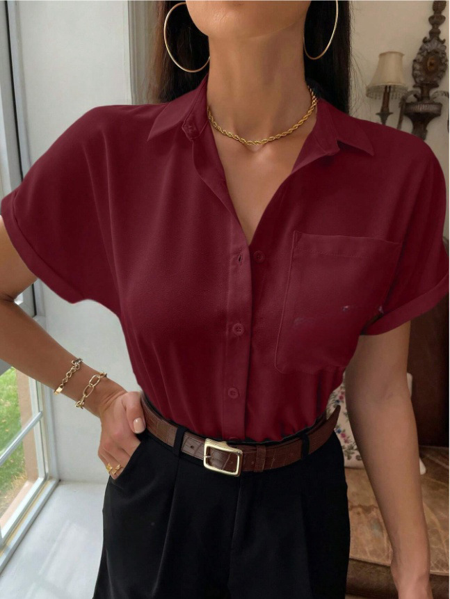 Camisa satinada con cuello en v para mujer, europea y americana, ropa de mujer transfronteriza, satén de color sólido de manga corta, nueva camisa satinada con botones casuales