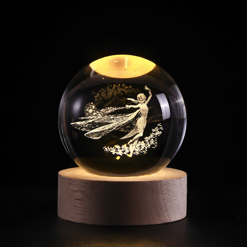 Bola de cristal luminosa, luz nocturna, cielo estrellado tallado en 3D, base de madera maciza, decoración de escritorio creativa, regalo de cumpleaños