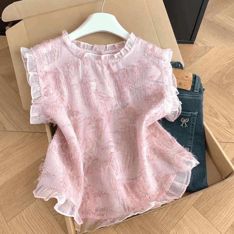 French sweet style pink fringed ruffle sleeveless shirt for women, summer Korean-style loose button-up doll top French sweet style pink fringed ruffle sleeveless shirt for women, summer Korean-style loose button-up doll top