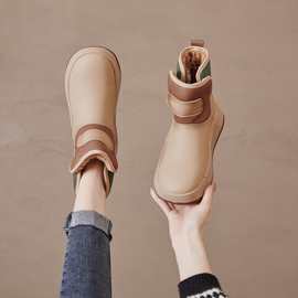 真皮雪地靴女加绒保暖2025冬季新款短靴复古拼色防水防滑东北棉鞋