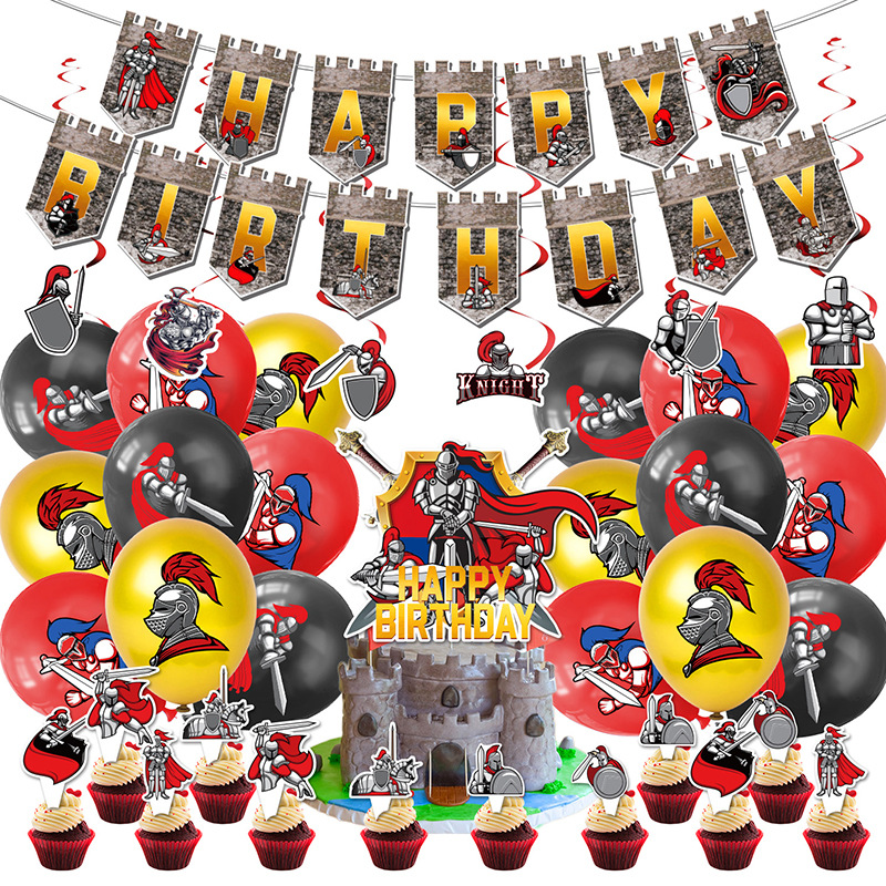 中世纪主题拉旗螺旋蛋糕插牌气球纸盘纸巾一次性餐具