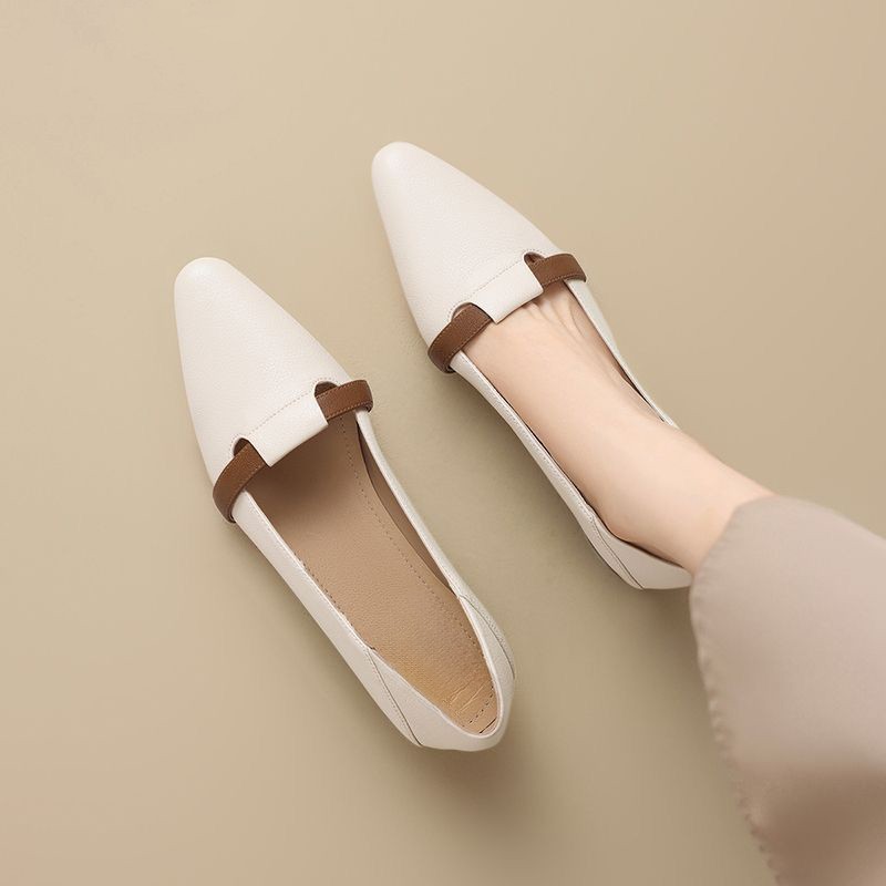 La primavera y el verano de 2026 nuevos zapatos de cuero de talón bajo puntiagudo, zapatos de soja, zapatos de estilo único.