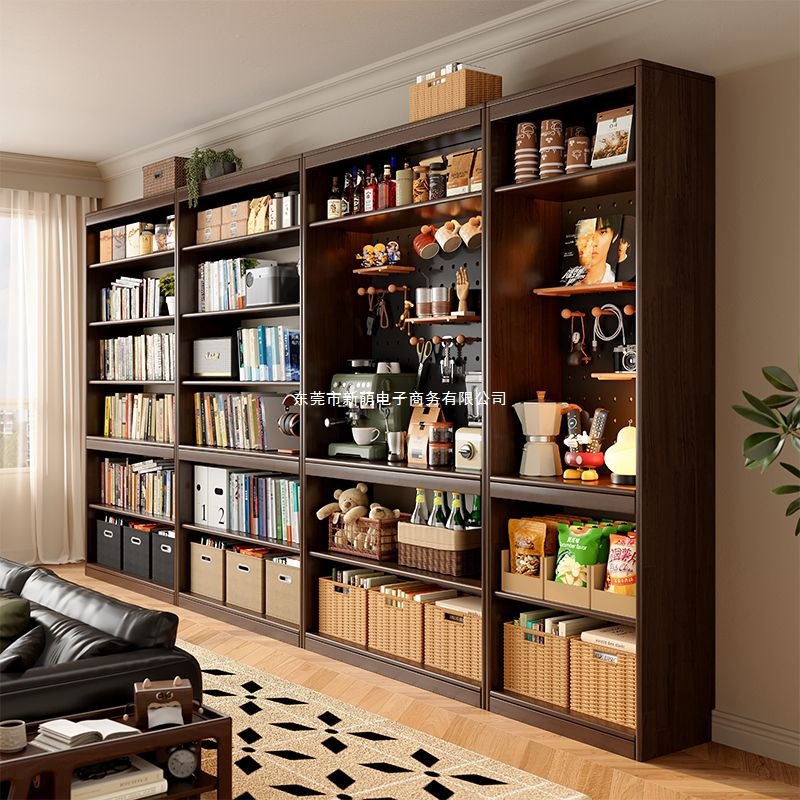 Solid Wood Bookcase Integrated into the Entire Wall to Remove the Living Room and Store One Wall of Walnut Color Household Bookshelf Storage Rack Floor-Standing
