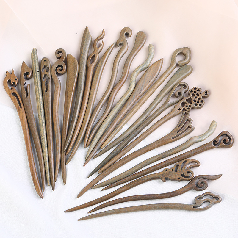 Green Sandalwood Hairpin Antique Sandalwood Hairpin New Chinese High-end Sense Green Sandalwood Hairpin Wooden Hairpin Hanfu Headwear