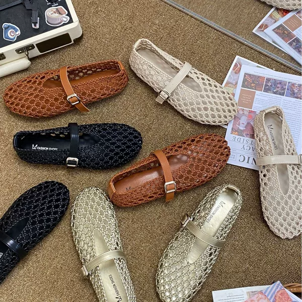Hollow-Out Woven Mary Jane Shoes for Women, Breathable Shallow Slip-On Shoes, Retro Mesh Sandals, Comfortable J-C13