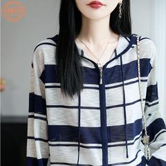 竹节麻条纹针织开衫女休闲连帽卫衣衫初秋新款抽绳减龄长袖小外搭
