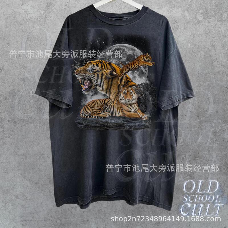 Casual Washed Shirt Retro Tiger 90 s T-Shirt Loosen Sweatshirt Unisex European and American Export