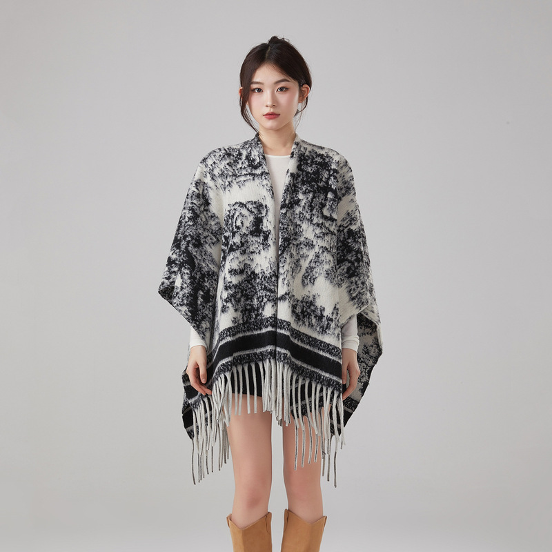 Ethnic Style Shawl for Women, Autumn and Winter Warm Outerwear, Long Retro Ink Painting Cape with Tassels, Travel Wear Cape for Women Ethnic Style Shawl for Women, Autumn and Winter Warm Outerwear, Long Retro Ink Painting Cape with Tassels, Travel Wear Cape for Women