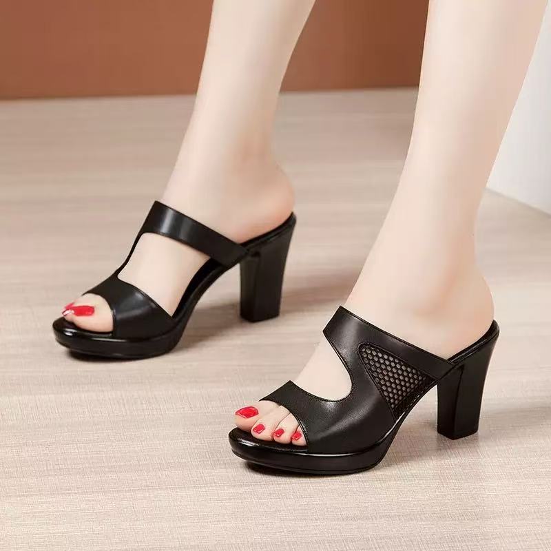 Gran tamaño de verano marea mujer pez boca de malla sandálias de tela madre tacones gruesos impermeables tablero de zapatos de madre mayorista casuales image 3