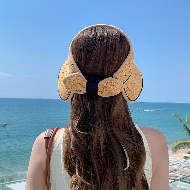 2024 Summer New Women's Knitted Breathable Bow Open Top Hat Outdoor Tourism Sunshade and Sunscreen Fashion Versatile Big Edge Sun Hat_voghion.com
