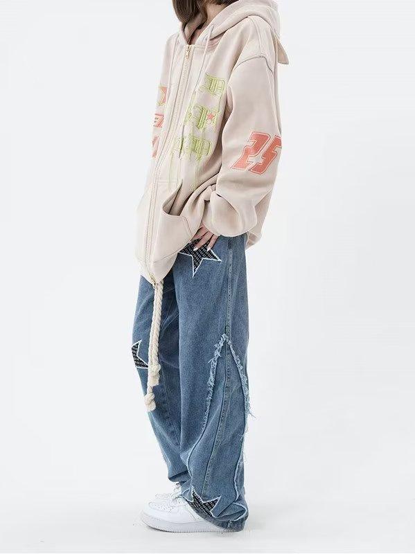 High Street Flared Ripped Light Blue Jeans Couple Loose Patchwork Casual Pants Men Hip Hop 2025 Trend_viptrois.com