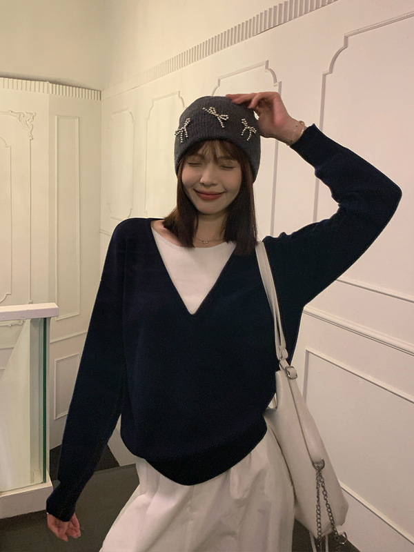 睛雅~藏蓝假两件针织衫女秋季新款宽松高级慵懒韩系毛衣长袖上衣|undefined