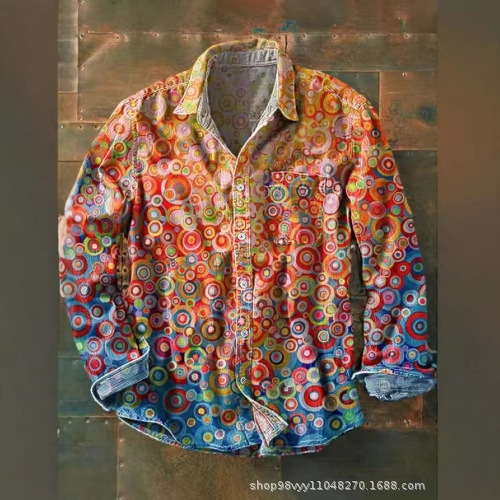 2025 New Amazon Retro Style Hot-Selling Color-Blocked Plaid 3D Printed Trendy Long-Sleeve Button-Up Shirt for Men