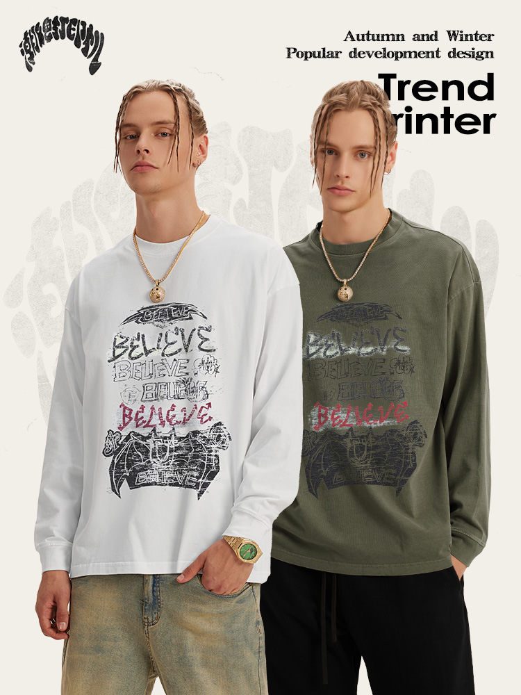 Impresora de marcas| 2025 primavera y otoño Ba familia B juveniles sueltos estilo americano marcas de agua callejera camiseta de manga larga