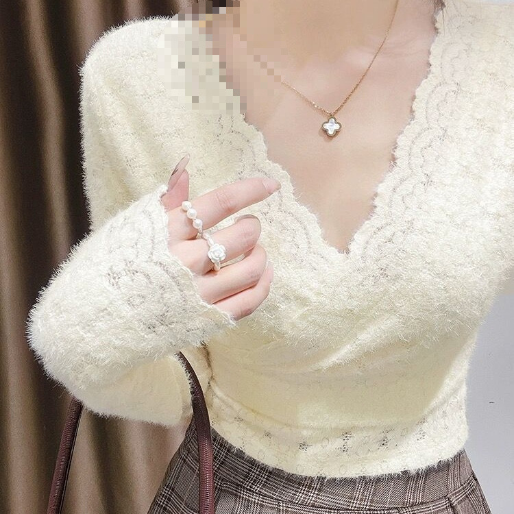 加绒磨毛蕾丝打底衫女秋冬新款v领性感内搭修身显瘦短款长袖T恤女