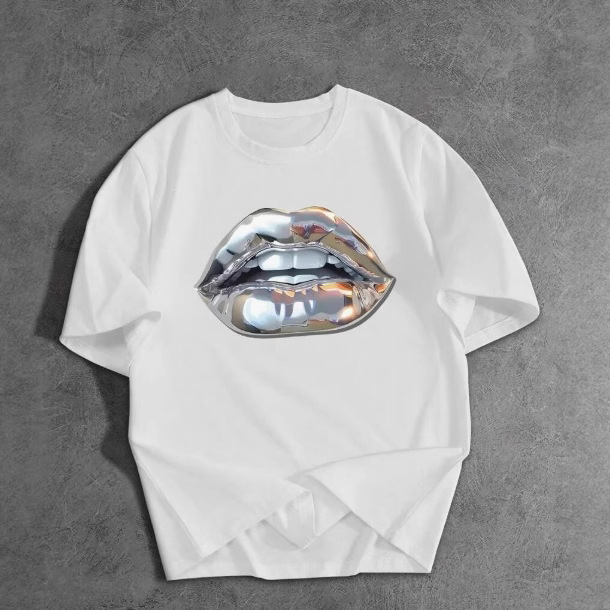 Men's Clothing 230g100% Cotton Metal Texture Lips Printed T-Shirt Heavy Metal Y2K Printed Pullover Men's Clothing 230g100% Cotton Metal Texture Lips Printed T-Shirt Heavy Metal Y2K Printed Pullover