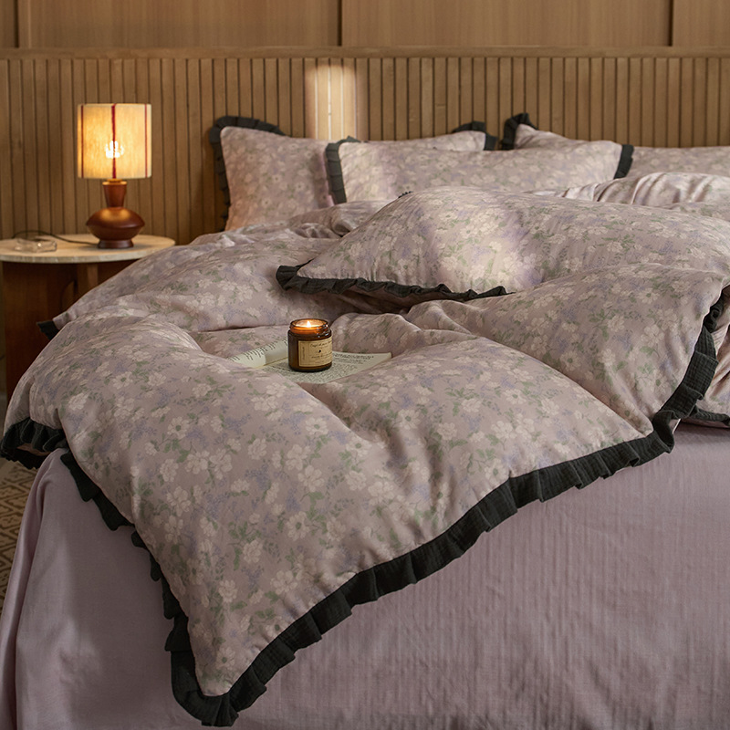 Conjunto de cama de quatro peças em algodão puro, estilo vintage boho francês nórdico, com capa de edredom de renda de gaze texturizada, em algodão de alta qualidade._voghion.com