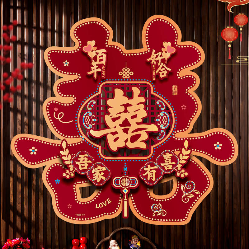 婚房大门装饰超大喜字贴背景墙贴纸婚庆用品结婚专用囍字贴布置用|undefined