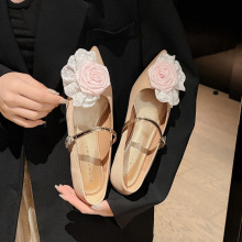 2982-5 平底鞋女粗跟2025年新款法式尖头玛丽珍鞋玫瑰花朵单鞋