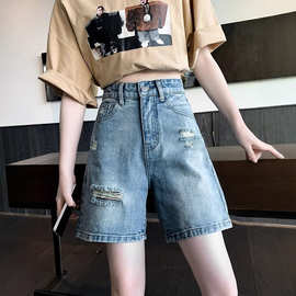 破洞五分牛仔裤女2026夏季薄款高腰宽松显瘦直筒阔腿休闲5分短裤
