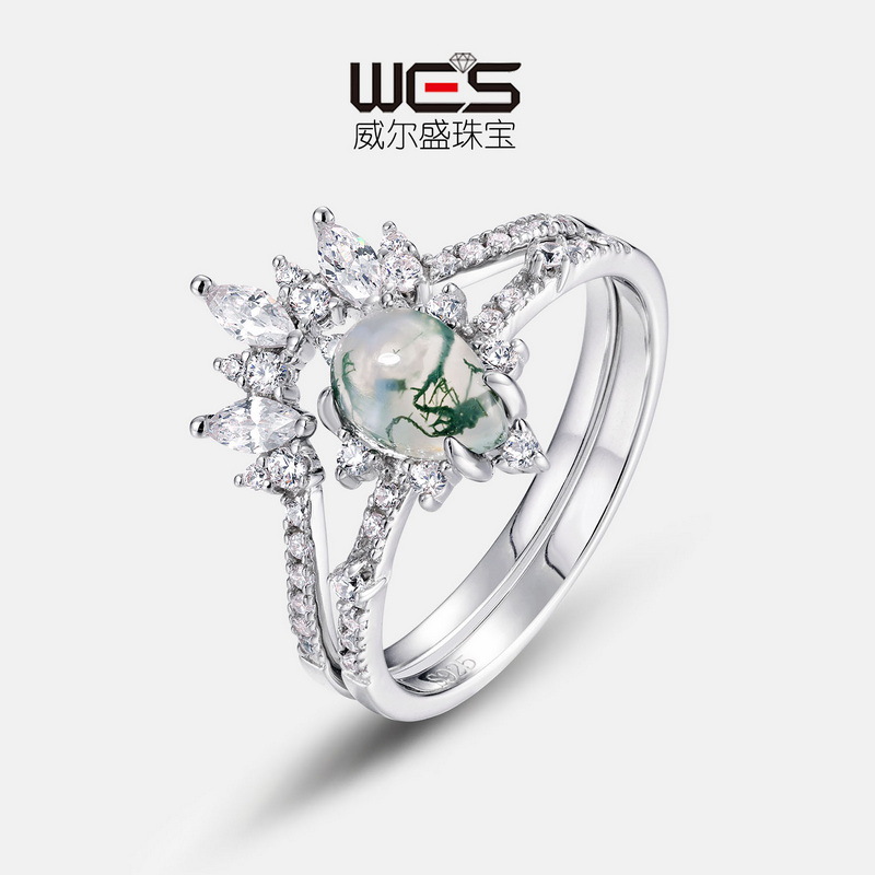 Amazon transfronterizo nuevo S925 plata agua hierba ágata anillo en forma de pera verde musgo apilados dedo anillo de luz de lujo estilo europeo y americano