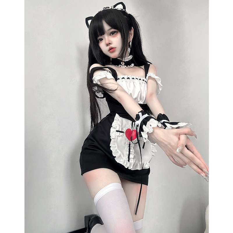 Original New Japanese black and white maid costume COS hot girl waist slimming sheath short skirt sweet soft girl uniform
