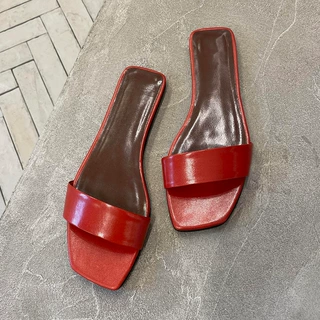 现货-简约复古红色一字拖女夏外穿露趾真皮凉拖海边沙滩平底拖鞋