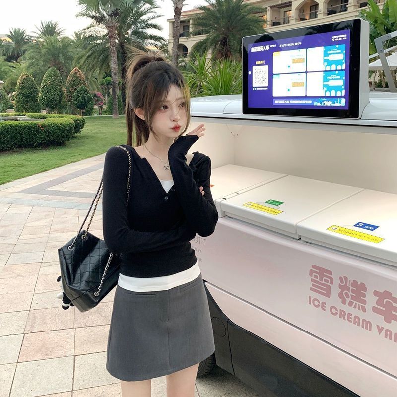 假两件修身连帽长袖t恤女春秋季设计感漂亮小衫独特别致正肩上衣|undefined