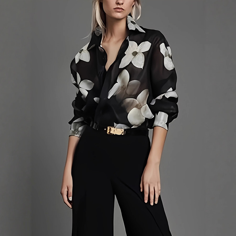 Wish French-Style High-End Floral Print Elegant Long-Sleeved Lapel Polyester Shirt for Women 2026 Autumn Style Wish French-Style High-End Floral Print Elegant Long-Sleeved Lapel Polyester Shirt for Women 2026 Autumn Style