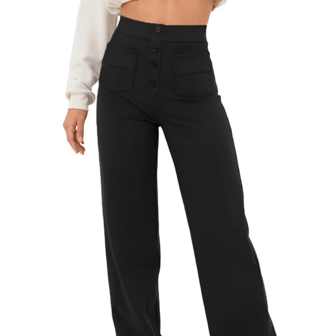 New Women's Black Casual Straight Leg Pants High Waist Elastic Buttons Multiple Pockets_ecoleips.com
