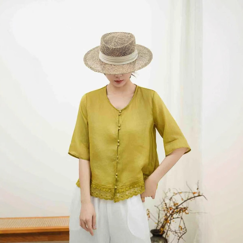 Ramie Shirt 2025 Summer New Artistic Korean Style Lace Cardigan Top Women's Inner Wrung Round Neck Shirt