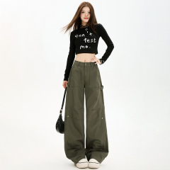 复古军绿高腰阔腿工装牛仔裤女秋季新款宽松显瘦多口袋设计拖地裤