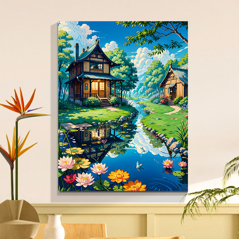 Landscape digital oil painting diy filling hand-painted lotus pond coloring painting in front of the House 2023 new handmade paint coloring painting