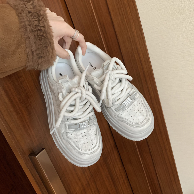 牛皮版~葡萄妈同款粗鞋带做旧休闲加绒厚底增高脏脏板鞋女小白鞋|undefined