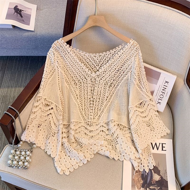 Bohemian Crochet Hollow-Out Knit Top for Women, Summer Plus-Size Stylish Youthful Outerwear Versatile Blouse