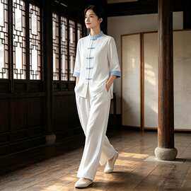 新款中式棉麻太极服套装夏季古风中袖八段锦两件套禅意打坐居士服