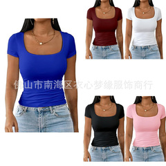 2024アマゾンクロスボーダー夏新作スリムUネックtシャツファッションカジュアル百合純色半袖tシャツ