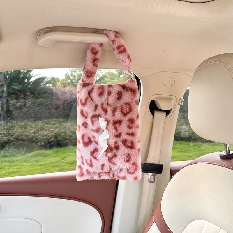 Cross-Border Leopard Print Car Tissue Box Plush Hanging Car Seat Tissue Box Cute Car Interior Decoration Tissue Hanging Bag
