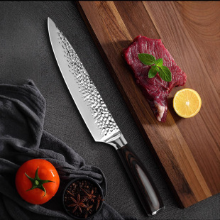 Factory Direct Sales Amazon Popular Forged Hammer Pattern Household 8inch Chef Knife Colored Wood Handle Kitchen Stainless Steel Knife