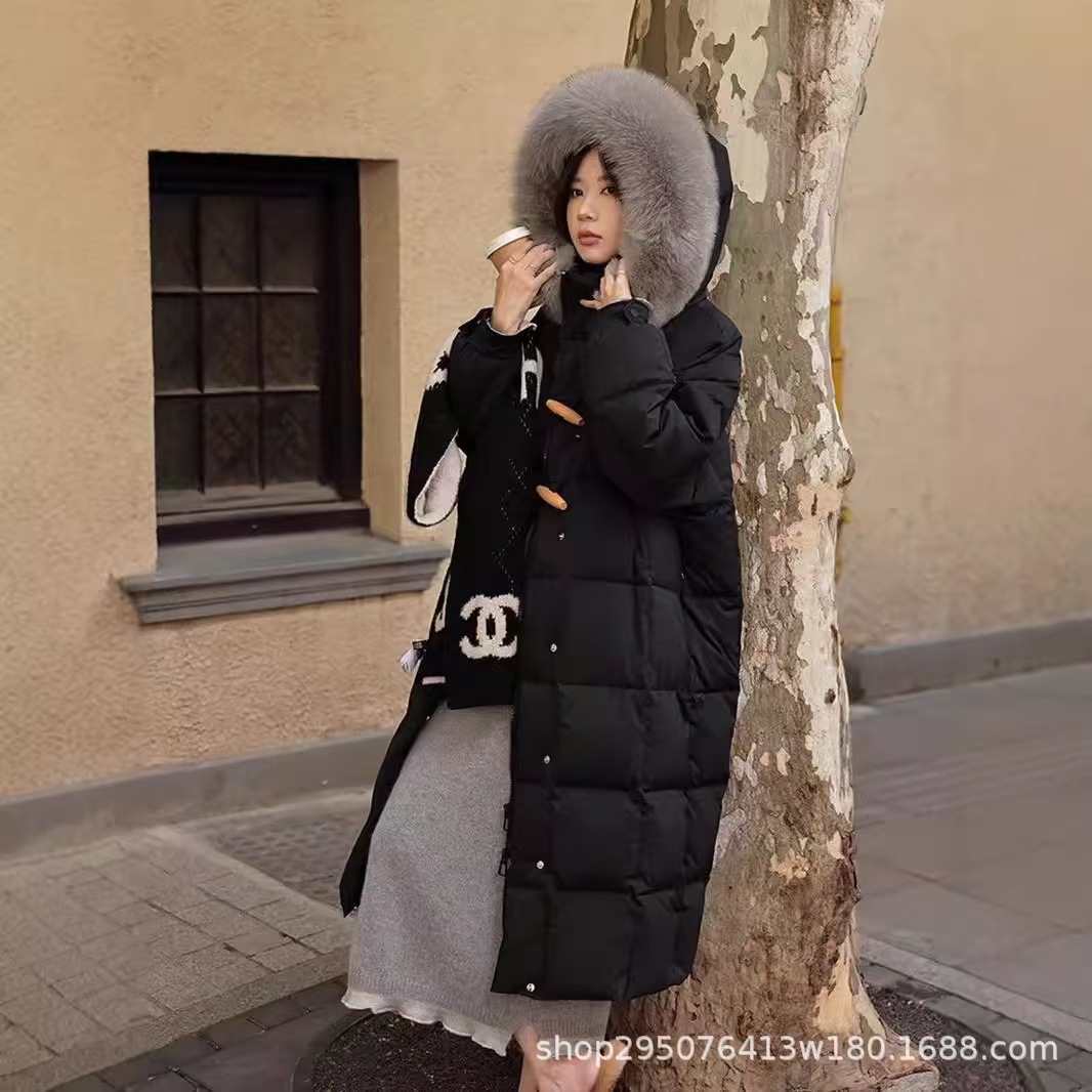ダウンジャケット レディース ミドル丈 2025年冬新作 おしゃれ 可愛い フード付き 厚手 ホワイトダックダウン 大きなファー襟付き 暖かいコート