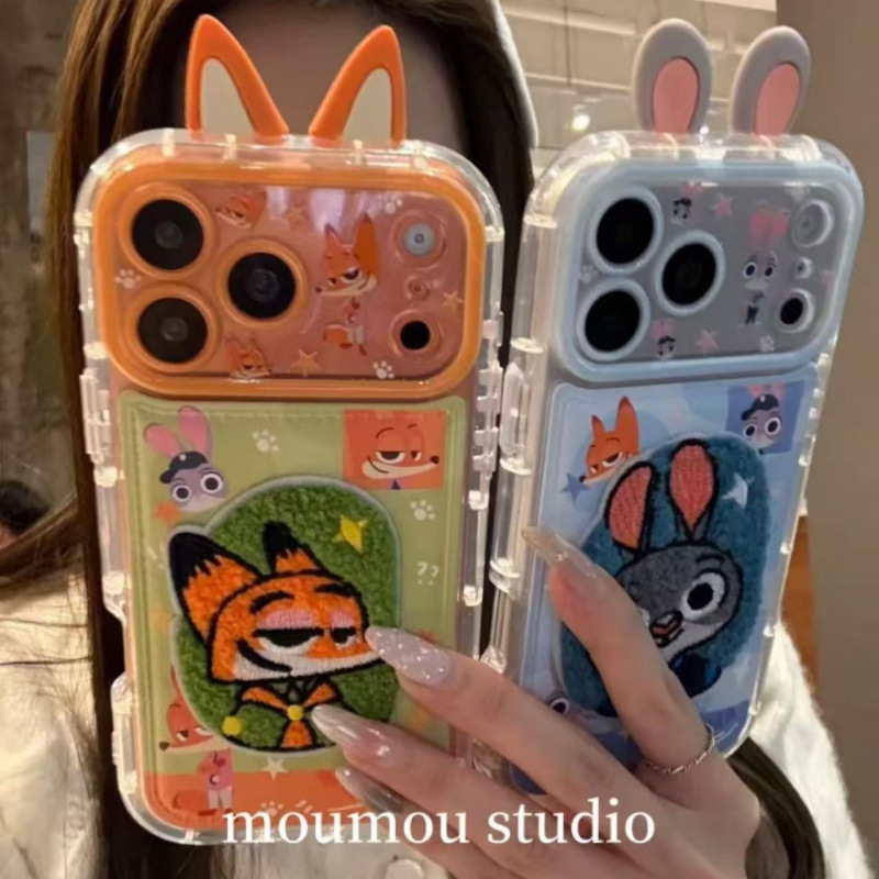Cute Stereo Ear Embroider Rabbit Fox Suitable for Apple 17Promax Mobile Phone Case 16 Protective Cover Anti-Fall