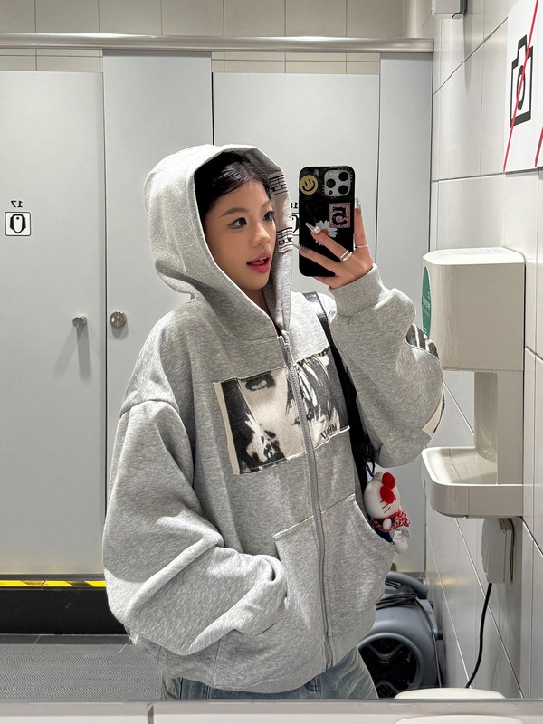 2025美式宽松开衫街头外套风朋克灰色连帽卫衣女秋同款冬潮牌重磅|undefined