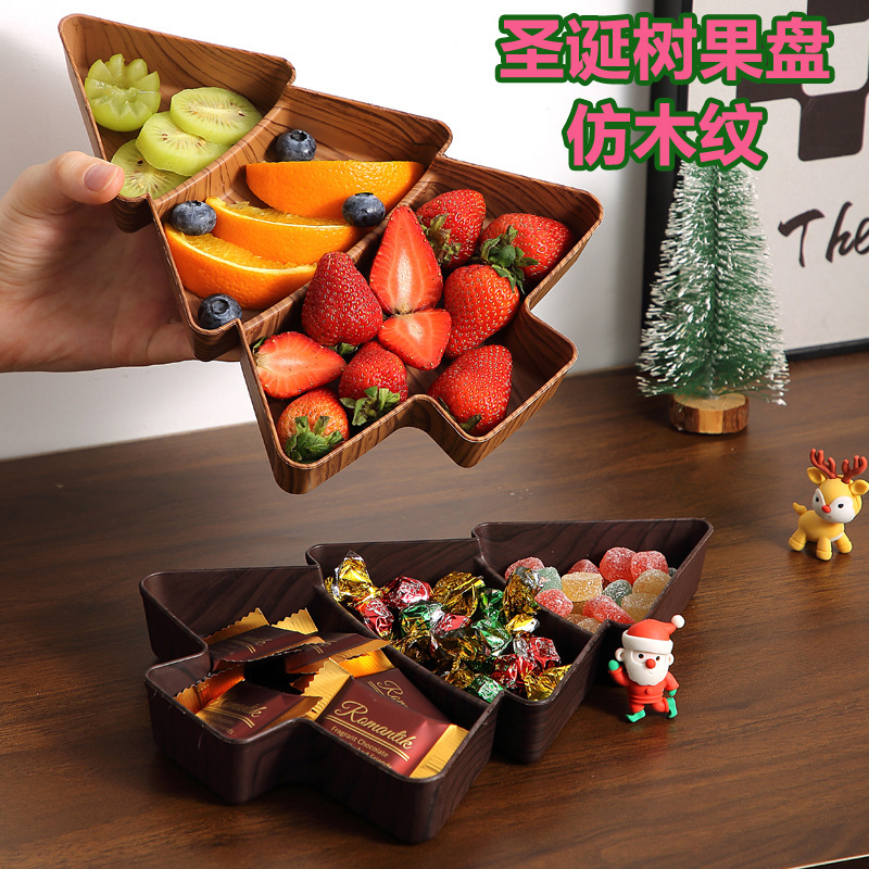 Imitation Wood Grain Fruit Plate for Home Living Room, High-Value Fruit Plate, Christmas Tree Compartmented Dried Fruit Plate, Candy Plastic Snack Plate