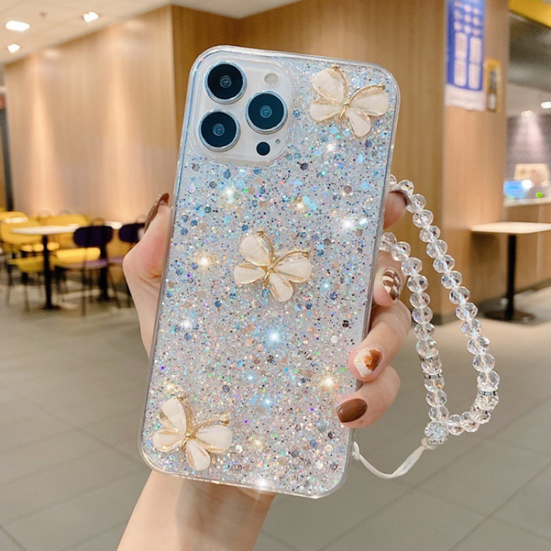 Suitable for iPhone 17 Pro Phone Case, Apple 15/14 Luxury Rhinestone Butterfly Sequin Drip Glue Strap Lanyard 13 Soft