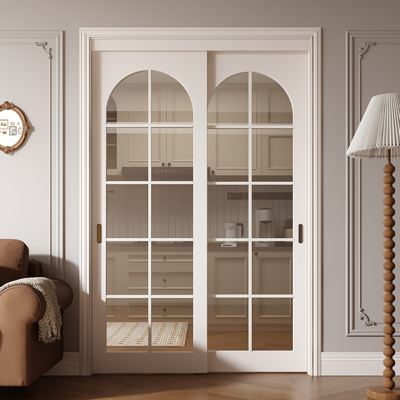 Painted Sliding Door Solid Wood Composite Glass Door Kitchen Balcony Wooden Hanging Rail Door White French Lattice Sliding Door