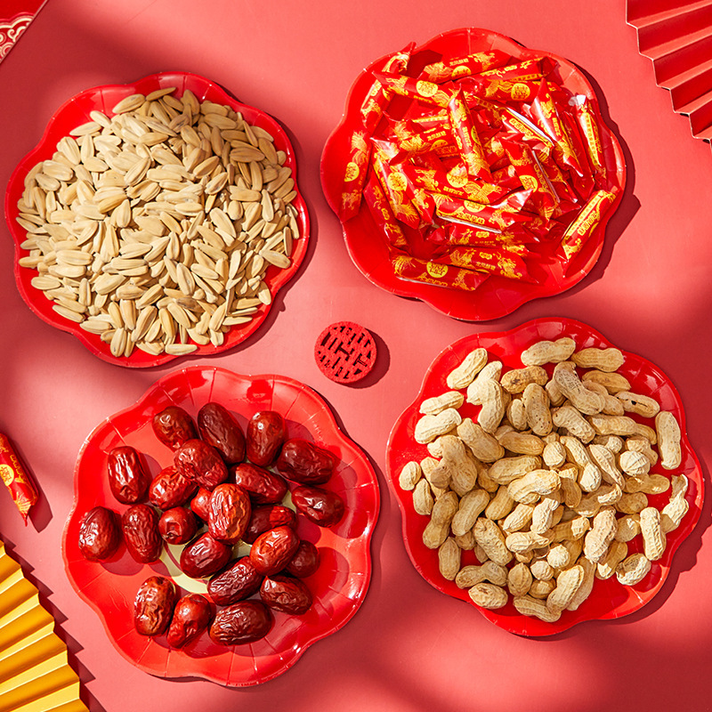 Wedding ceremony disposable plate paper plate engagement wedding banquet red environmental protection wedding event dried fruit plate sugar plate wedding dinner plate